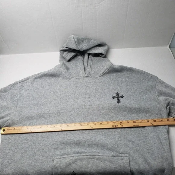 Womens Grey Hoodie XL Cross Print Graphic Hooded Sweatshirt Pullover Trap Goth - Picture 4 of 16